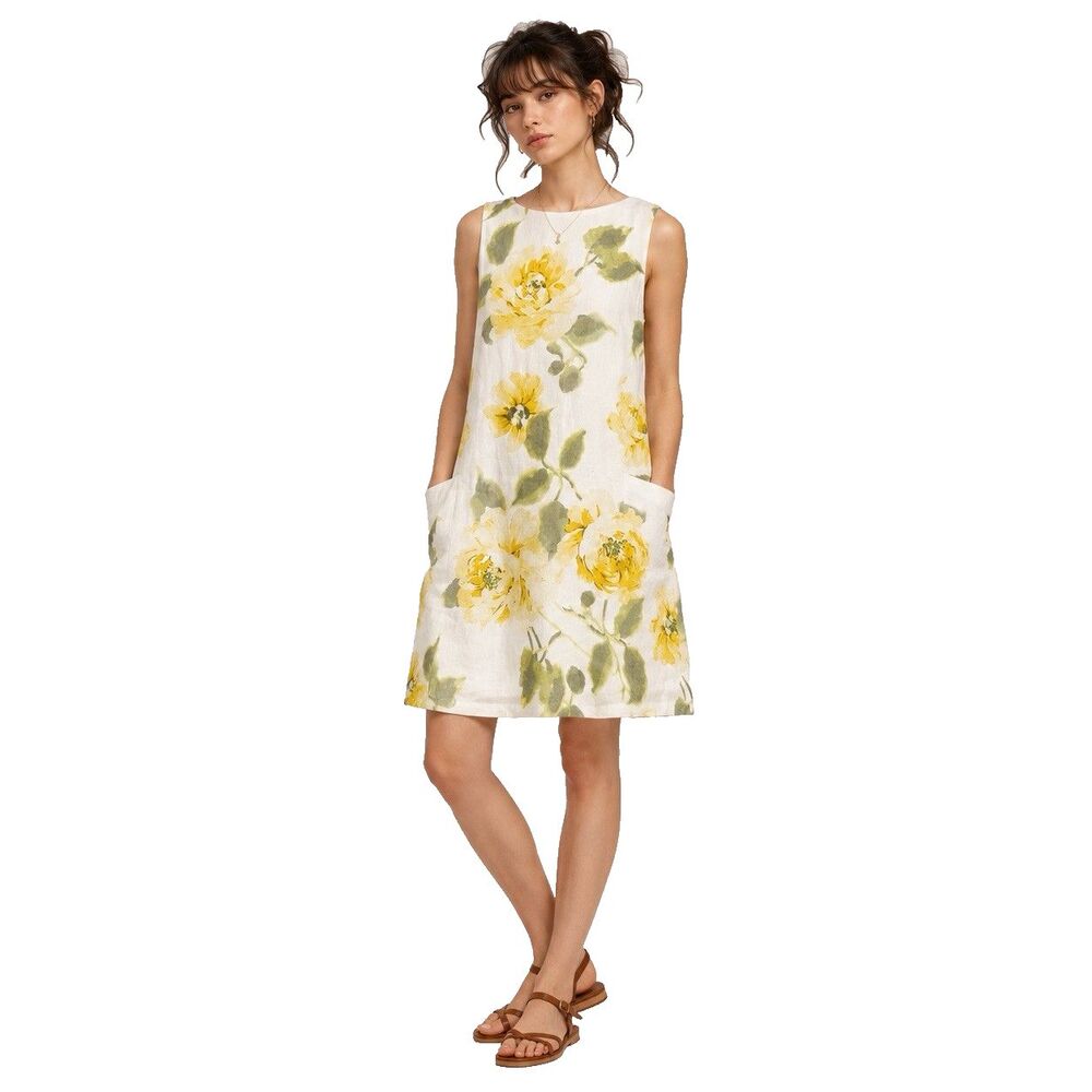 New Peony Shift Mini Dress Sz XS Clair De Lune Print 100% Linen Resort Wear $360